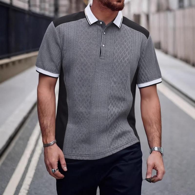 

Men Color Block Short Sleeve Polo Shirt Turn Down Collar Button Front Slim Fit Casual Business Tops S серый