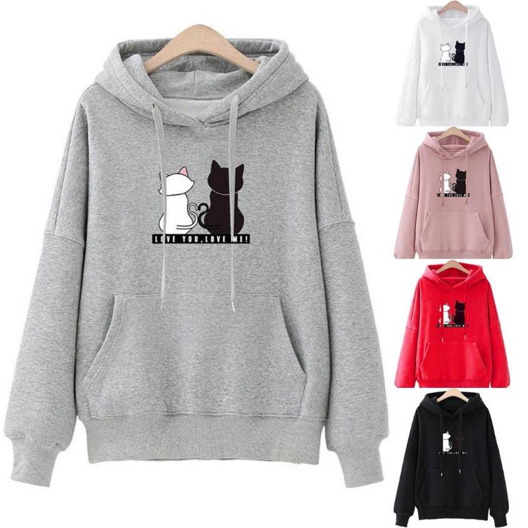 Women Casual Winter Hoodies Baggy Pullover Sweatshirt Tops Perfect DLWomen Cat Jumper Aominuo