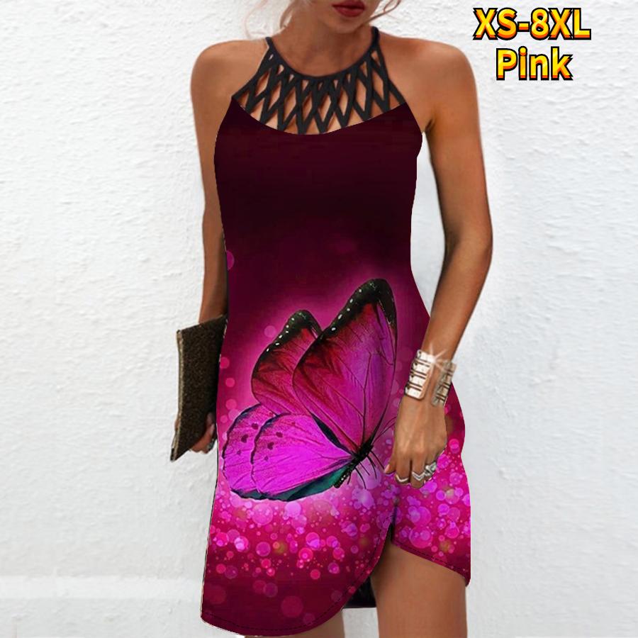 Summer Fashion Sexy Sleeveless Dress Soft Casual 3D Blue Butterfly Print Dress Sleeveless Sling Dress Summer Suspender Dress