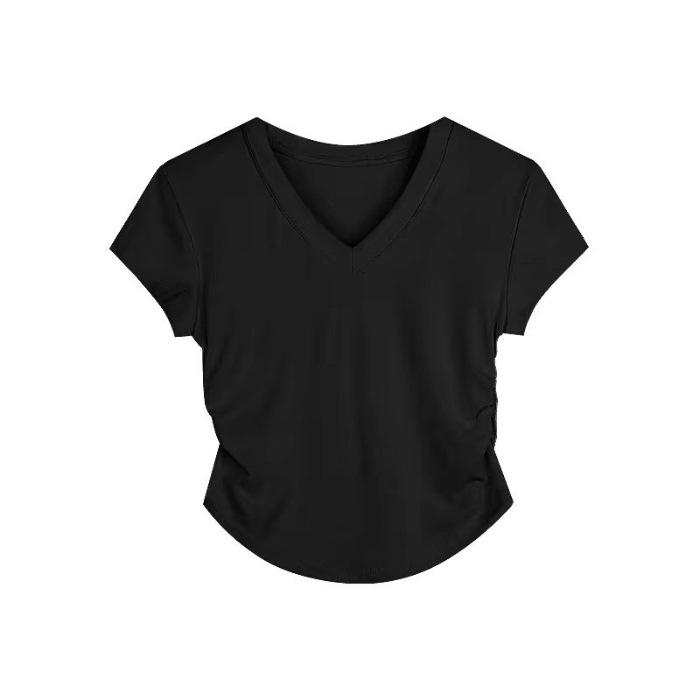 Letní francouzský pas design přední rameno krátký rukáv tričko dámské slim-fit krátké véčko spodní tričko, tenký top dámské oblečení