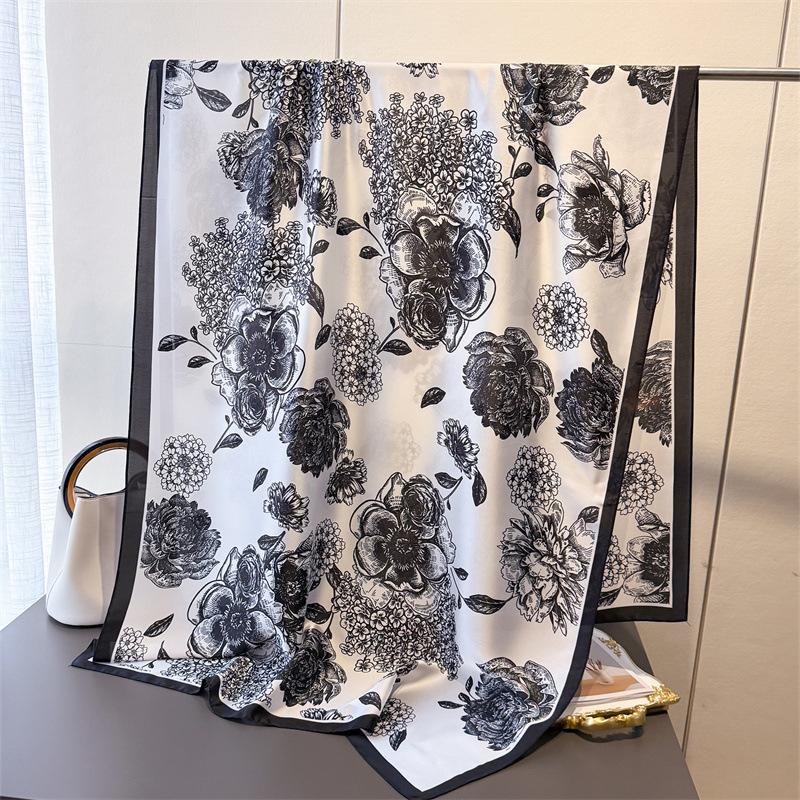 Spring And Summer Thin Simulated Silky Brocade Plain And Elegant Flower Silk Scarf Long Scarf Silky Printing Shawl Versatile Headscarf Scarf