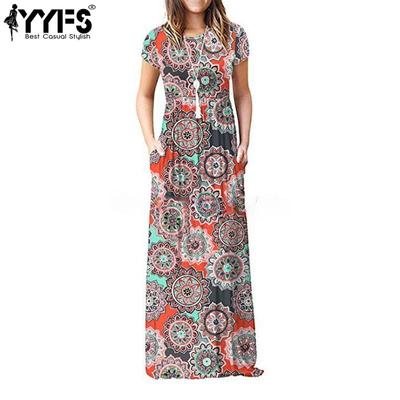 Women's Fashion Summer Spring Flower Pattern Print Short Sleeve O-Neck Casual Dresses