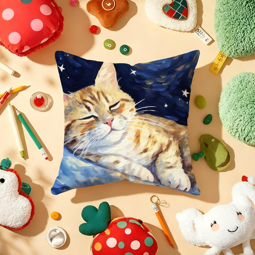 Van Gogh Starry Sky Kawaii Cat Pillow Case Plush Fabric Soft Double-Sided Printed Sofa Warm Winter Home Gift Cushion Cover