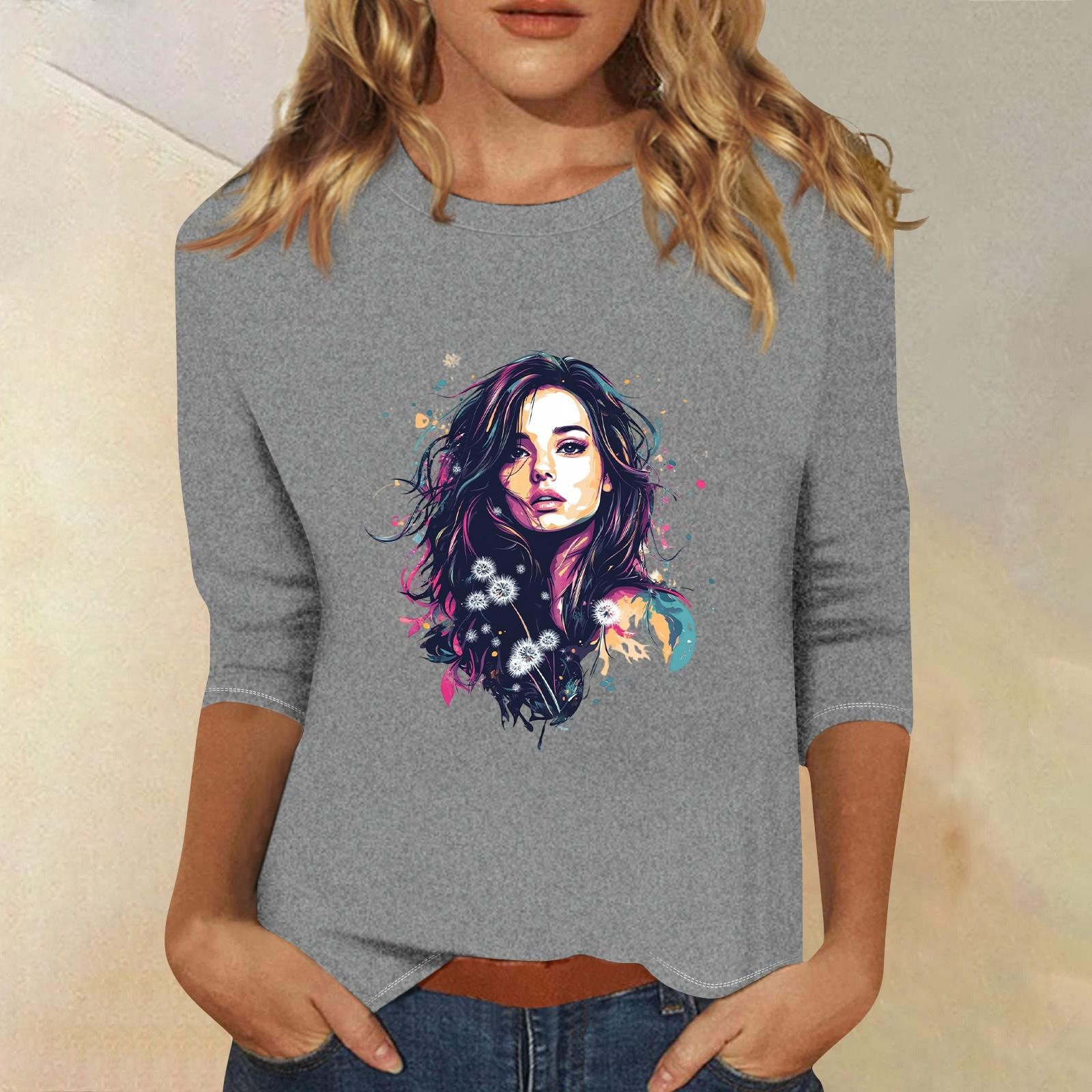 

Топи з рукавами 3/4 для жінок Футболка Повсякденні топи з принтом Футболка з круглим вирізом Пуловер Блуза XXL