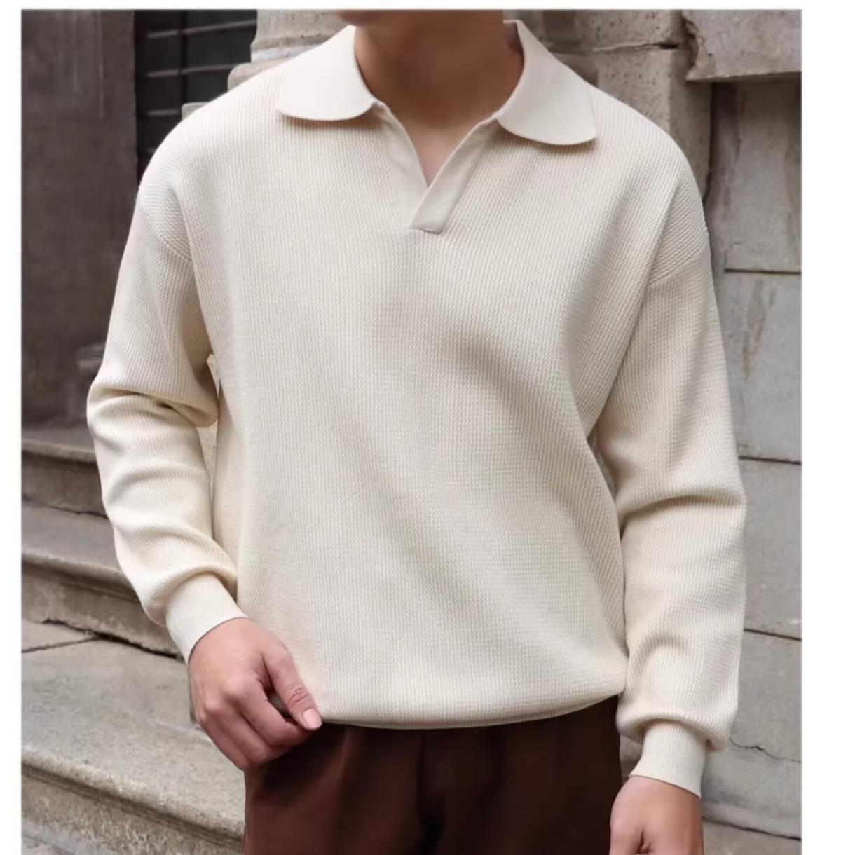 Men s European V-Neck Knit Polo, Slim Fit Long-Sleeve Sweatshirt, Waffle Knit Ribbed Wool Sweater M хаки