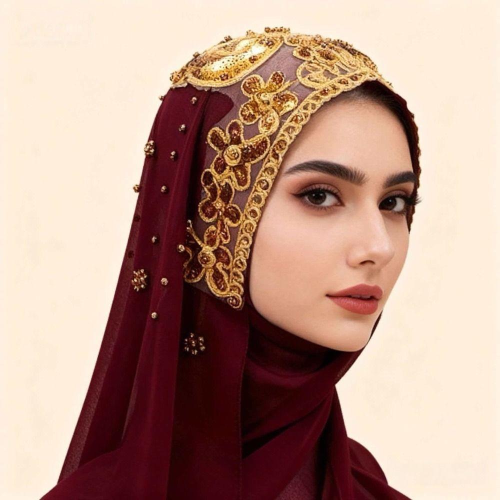 Gold Beads Pearl Chiffon Hijab Scarf Silk Sequin Wraps Shawl Headwraps Islamic Turban  Female