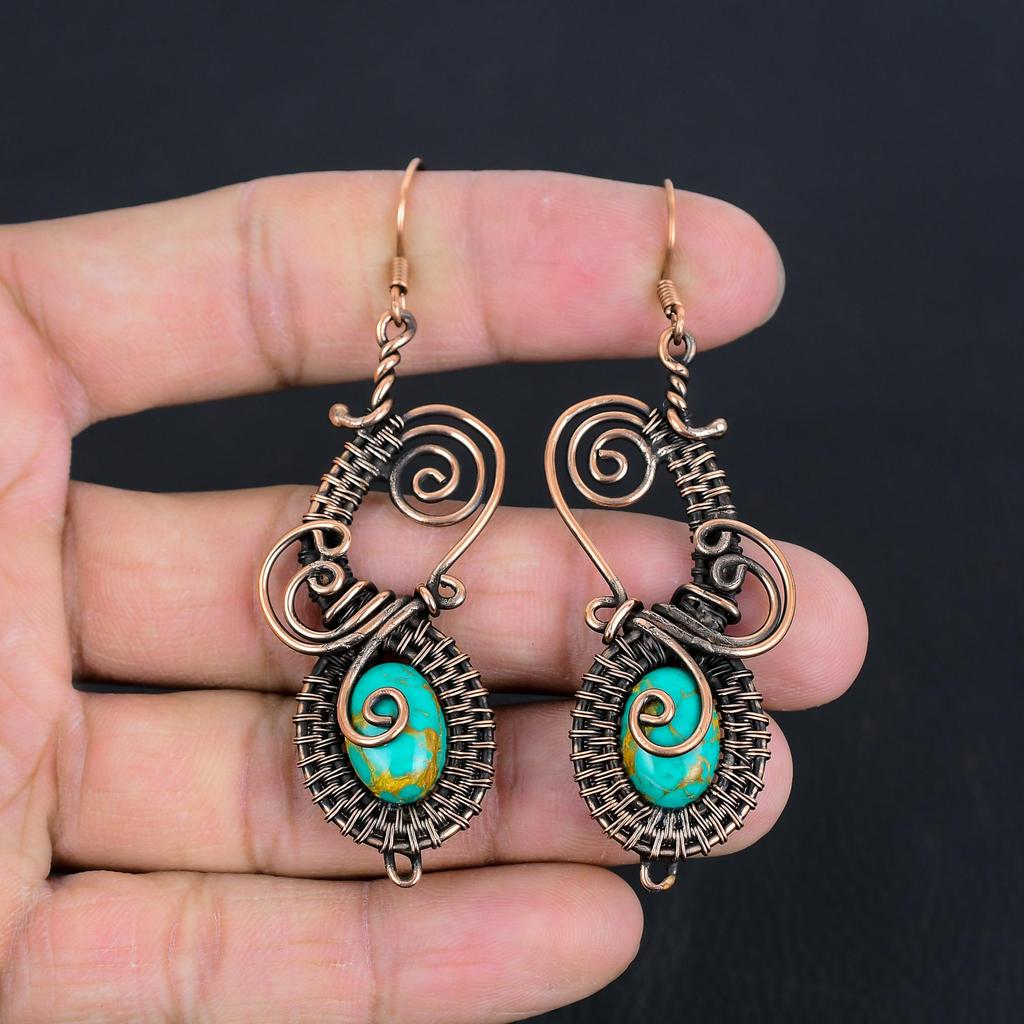 Green Copper Turquoise Earrings, 999 Copper Wire Wrapped Gemstone Jewelry, Handmade Earrings Amazing Jewelry, Gift For Her