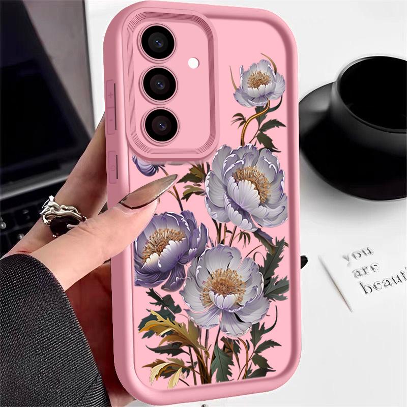 Purple Flower Pattern Shockproof Back Cover for Samsung S25 S24 S23 S22 Ultra A15 A55 A35 A34 A06 A05 A53 A54 Silicone Soft Lens Protection Matte Case