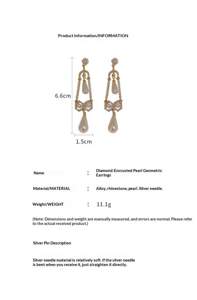Women Shiny Rhinestone Pearl Geometric Earrings Light Luxury Elegant Temperament French Retro Palace Style Ear Jewelry For Women