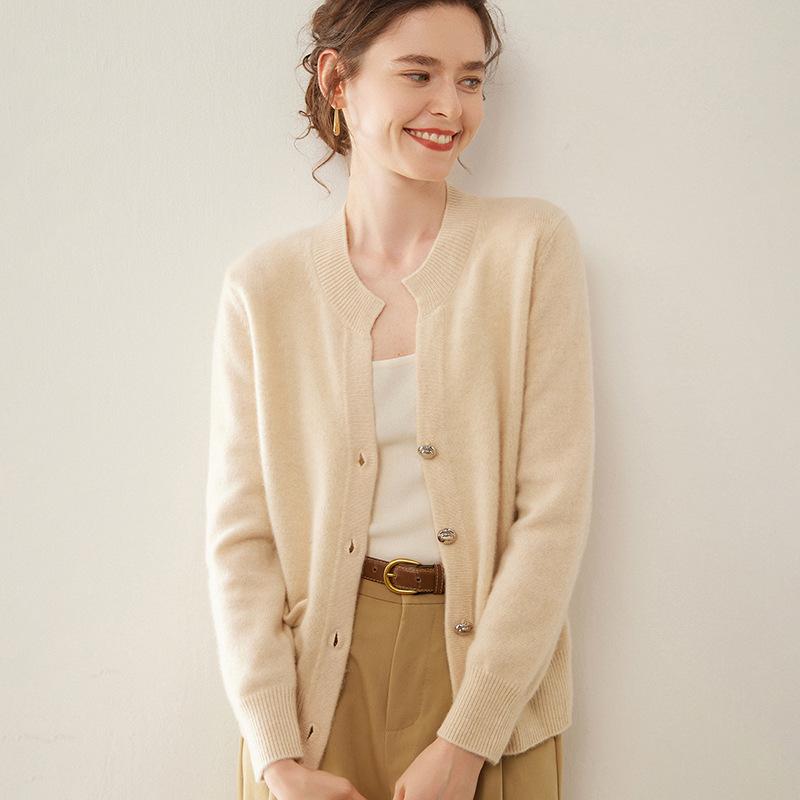 Elegant Women's Winter Cashmere Sweater Cardigan - Round Neck, Long Sleeve, Fluffy Loose Knit