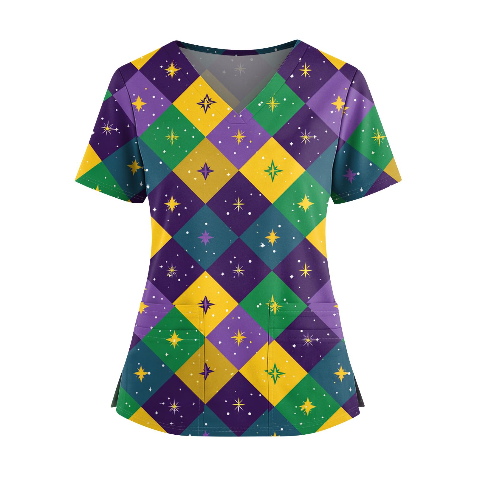 

Women s Caregiver Printed V-Neck Double Pocket Short Sleeves Hem Slit Uniform Caregiver Top L жёлтый