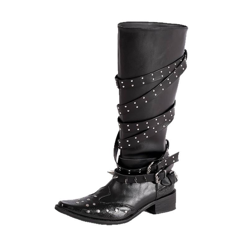 Pointed Rivet Knight Boots Women'S Black Retro Belt Buckle Over Knee Boots Skinny Thick Heel Boots