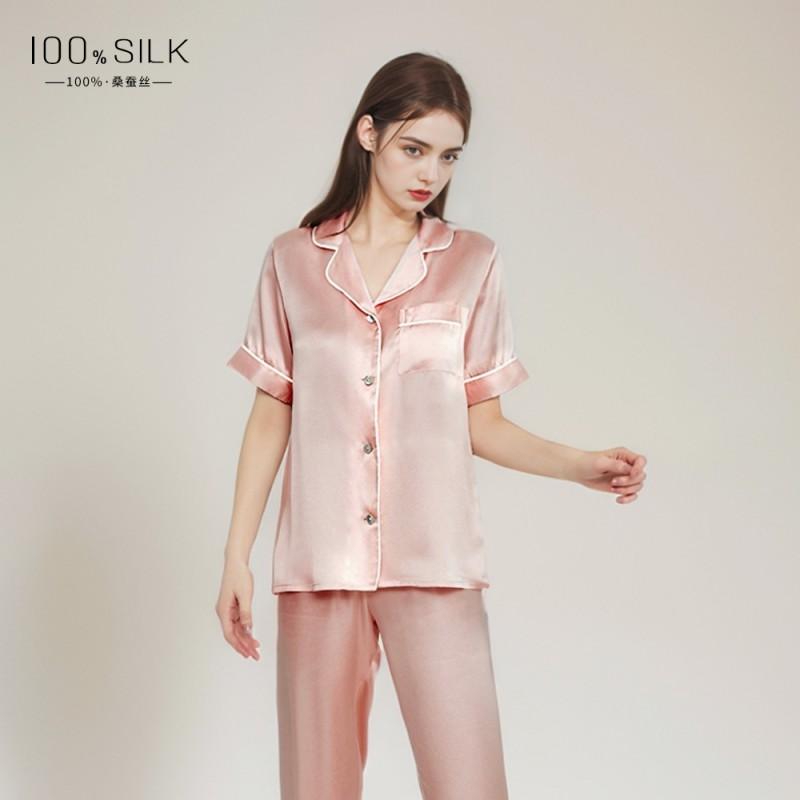 Womens 100% Pure Silk Pajama Set Short Sleeve Long Pants Lightweight Sleepwear Comfortable Home Loungewear