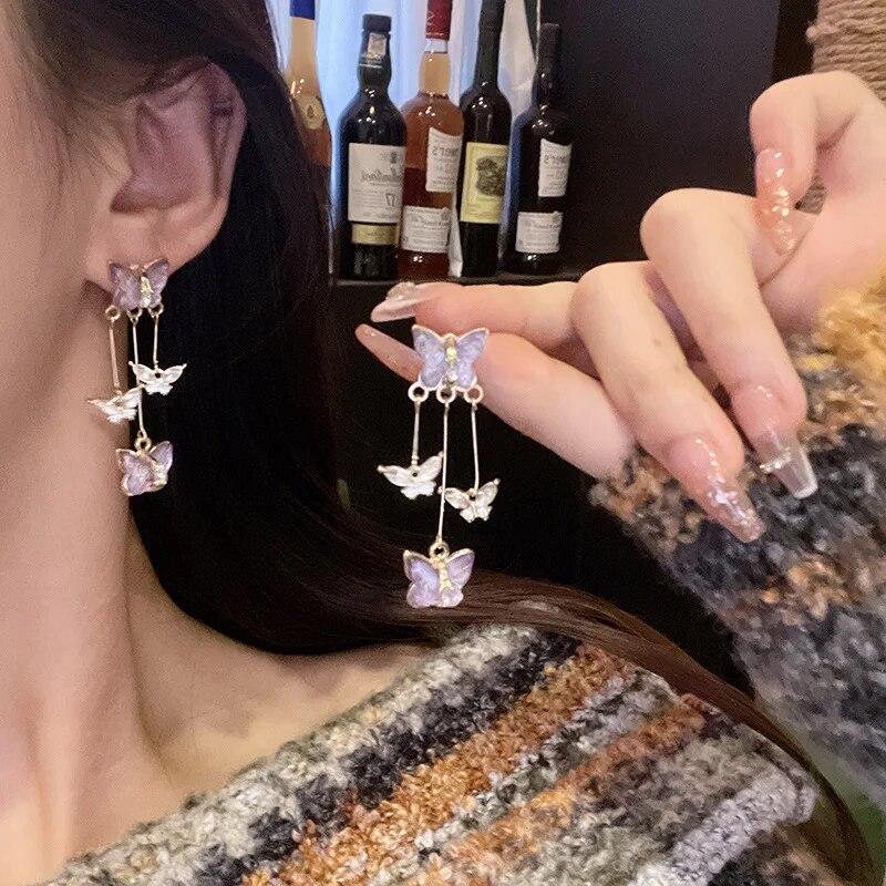 Luxury Purple Butterfly Long Tassel Earrings Ladies Brincos Trendy Crystal Dangle Drop Earrings Girls Party Jewelry Accessories Gift