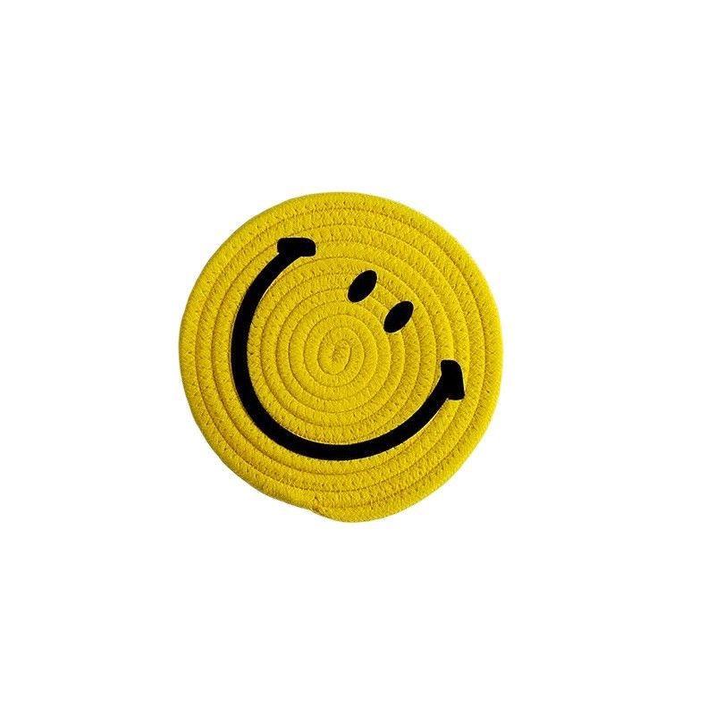 Smiling Face Round Mat Woven Ramie Placemats Anti Slip Dining Table Mats Non-Slip Tableware Bowl Pads Kitchen Drink Cup Coasters