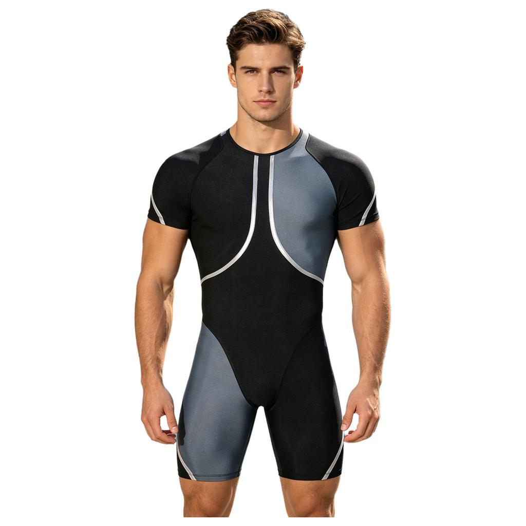 Men‘s Metallic Trim Color Block Swim Jumpsuit Short Sleeve Thigh Length Bodysuit with Back Hidden Zipper for Swimming Training