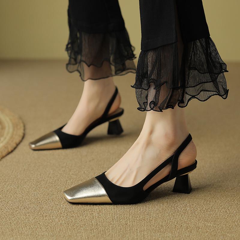 

Color matching sheepskin bag head sandals women s square head thick heel small fragrant style high heels temperament Muse fan summer 39