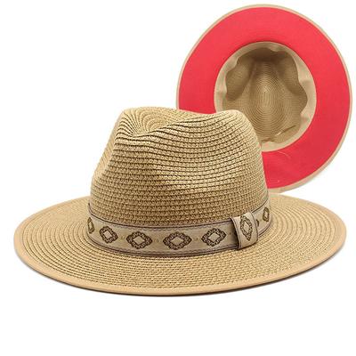 Ethnic Style Retro Red Background Color Matching Straw Hat Men'S And Women'S Sunshade, Sun Protection And Uv Protection Straw Woven Panama Top Hat