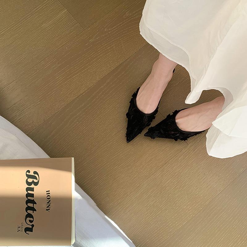 Ladies Flower Mesh Open Heel Sandals Shoes Sexy Designer High Heel Pointed Toe Stiletto Pumps Mules  Women Sandals