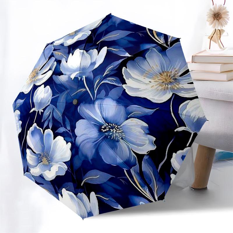 1pc Blue Floral Pattern Umbrella with Plastic Handle,Compact & Stylish,Suitable for All Seasons Ptys26065