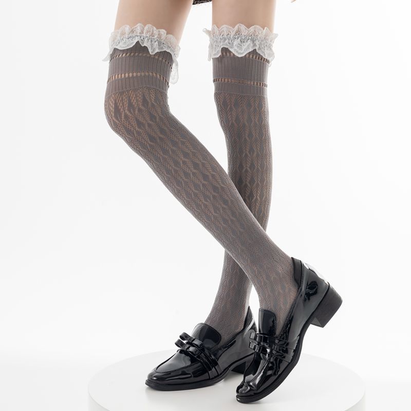 Lolita-Stil Spitze Rand Netzstrümpfe Oberschenkelhoch Japanisch Jk Y2K Retro Ballett Socken Für Damen Sommer Weich Überknie Strumpfwaren One Size gray