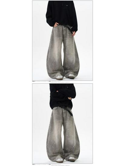 Unisex Retro Distressed Grey Splatter Paint Jeans - American Street Style