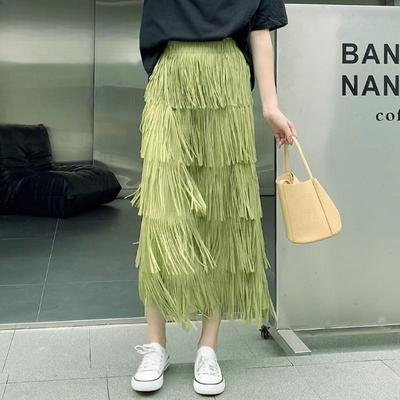 Qooth Women Tassel Splicing Pleated Skirt Elegant Elastic Waist All Match A-line Long Skirt For Spring Summer QT2140