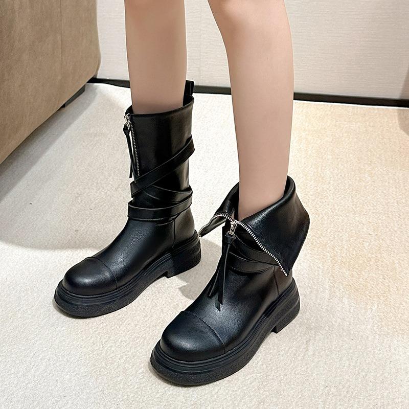 Autumn Maillard Brown Short Boots Women's Platform Martin Boots Retro Folded Medium Boots Handsome Locomotive Boots