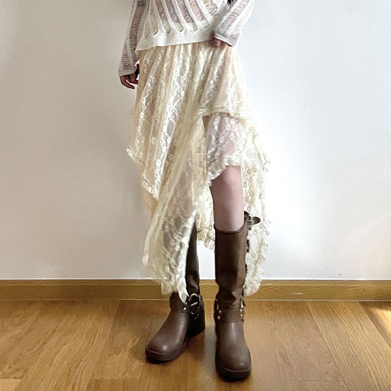Women's Retro Irregular Hem Long Skirt Solid Color Elegant Flowing Half Skirt