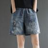 Embroidered Denim Shorts with Holes Women's Summer Sexy Elastic High Waisted Loose Splicing Casual Short Pants Female 2025