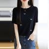 Women Summer Round Neck Short Sleeve Bow Embroidery Knit Casual Top