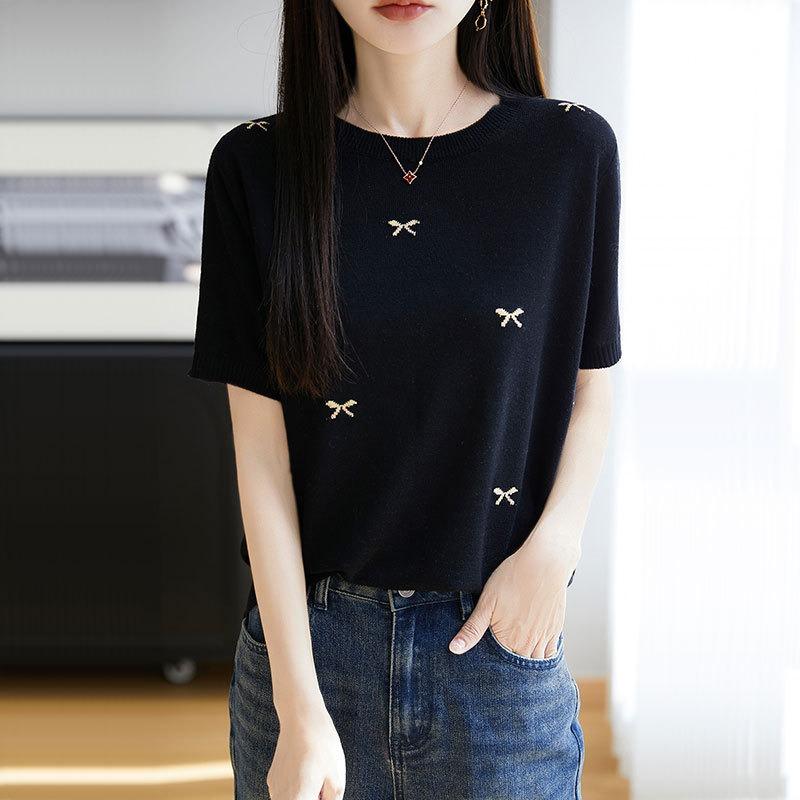 Women Summer Round Neck Short Sleeve Bow Embroidery Knit Casual Top