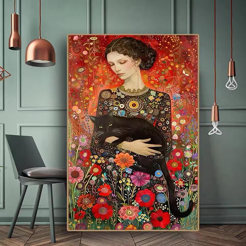 Abstrakte Frau und Katze Leinwandmalerei Wandkunst Gustav Klimt Kunst Elegantes Mädchen Posterdrucke für Büro Wohnzimmer Heimdekor