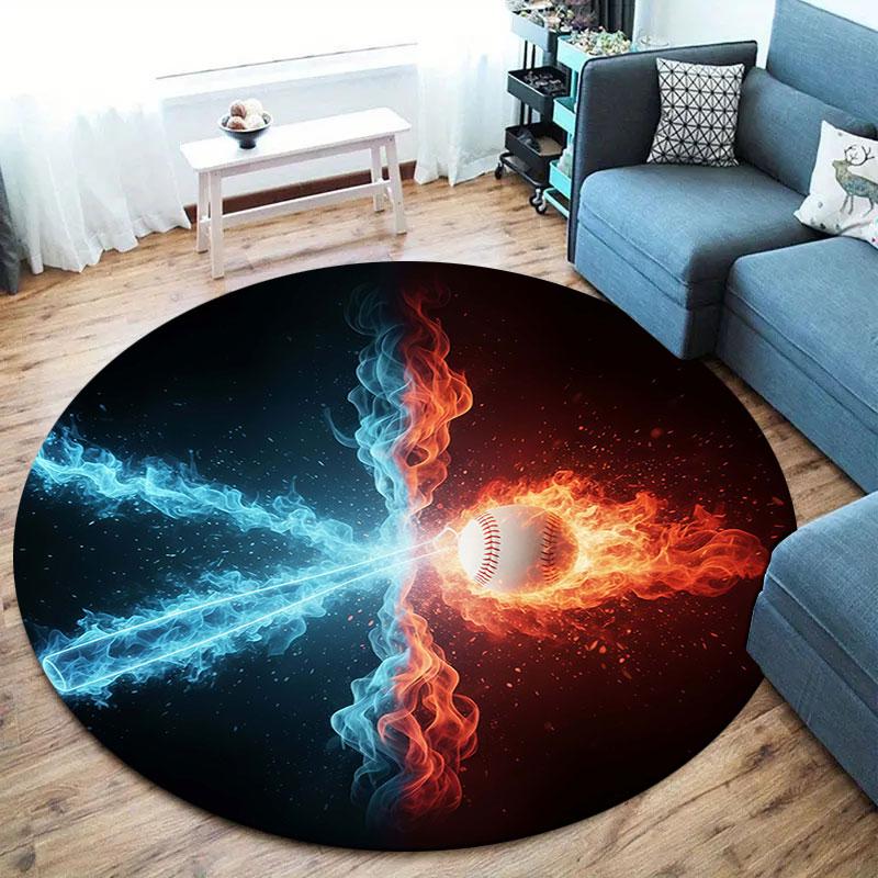 Ice Fire Sports Round Area Rug,Carpet Rug for Living Room Bedroom Sofa Playroom Decor,Non slip Floor Mat