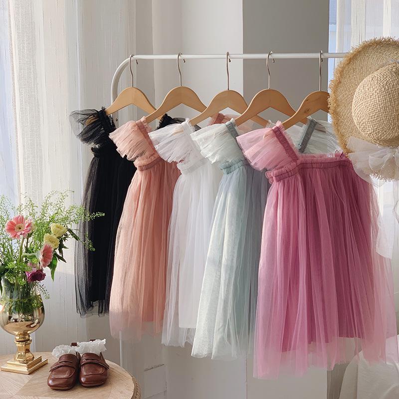 Double-Layer Butterfly Mesh Sweet Girl Strapless Fly-Sleeve Summer Puffy Princess Dress