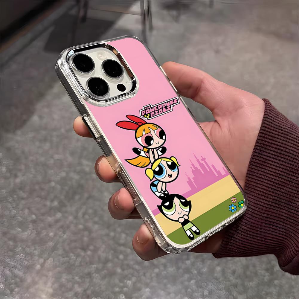 The P-Powerpuff Girls Cute Phone Case For IPhone 17 Air 16 E 15 14 13 12 11 Plus Pro Max Electroplated Transparent Soft Shell