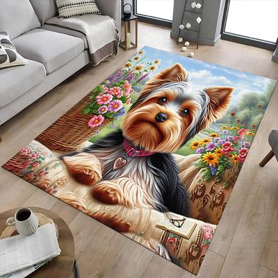 1 Pieza Cesta de Flores Yorkie Extra Grande Alfombra de Suelo Antideslizante, Oficina, familia, dormitorio Alfombra de Área Grande Alfombras de Interior, Colores Vibrantes