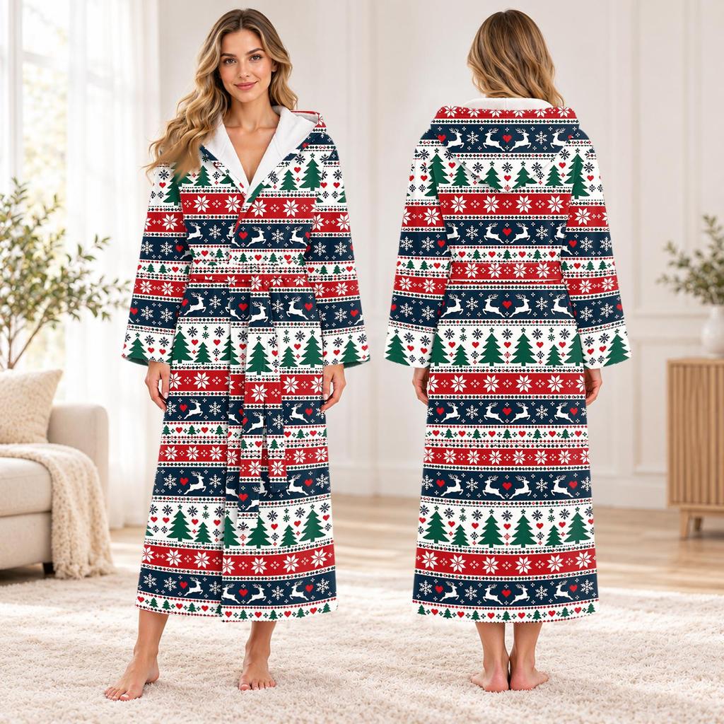 Unisex Long Christmas Print Flannel Bathrobe, Absorbent Quick-Dry Sleep Robe for Men and Women