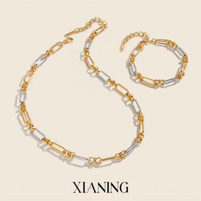 Xia Ling Gold & Silver Colorblock Handmade Necklace & Bracelet Set, Stainless Steel 18K Gold Electroplated, Versatile Temperament Jewelry.