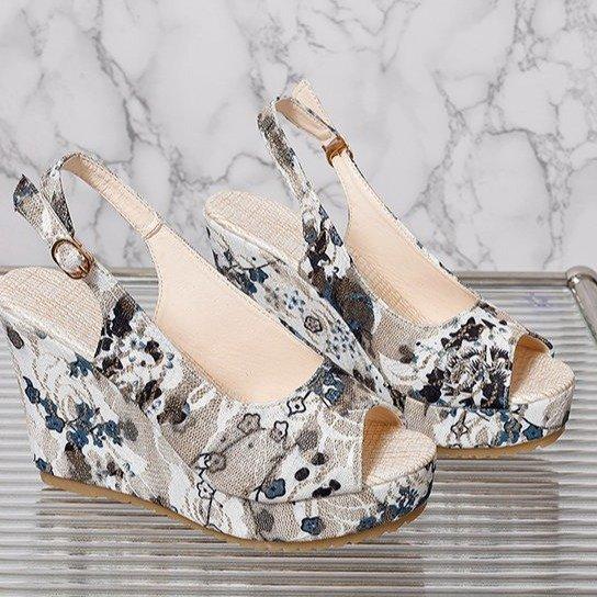 Large size printed fish mouth thick-soled wedge heel one-word buckle sandals summer beach open-toed women's shoes