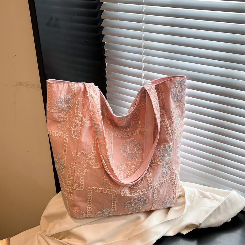 Women's Trendy Korean-Style Embroidered Nylon Tote: Large-Capacity Casual Commuter Shoulder Bag.