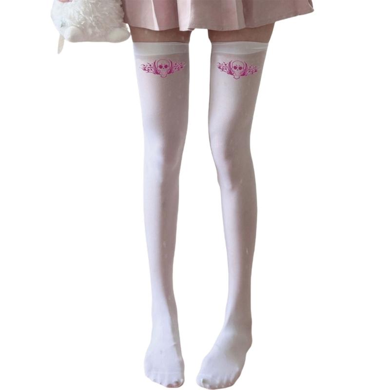 Halloween Skull Print Stockings for Women Girl Silk Leggings Tights Sock Cosplay Costume Over Knee Thigh High Long Socks