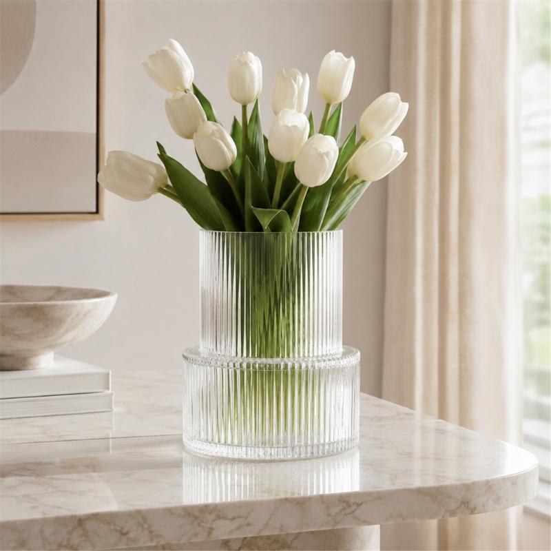 Ribbed Flower Display Jar in Fluted Glass, Indoor Accent Vessel for Cut Flowers, Artificial Bunches, and Desk Placement