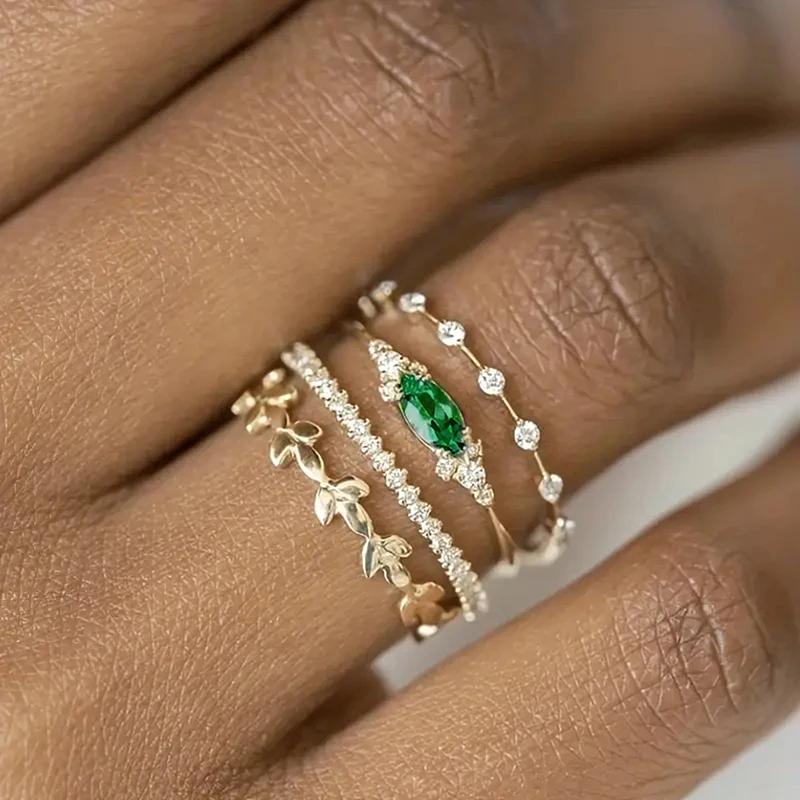 Huitan s/Set Lady Ring with Shiny Green CZ Aesthetic Accessories for Wedding Party Gold Color/CopperColor Trendy Jewelry