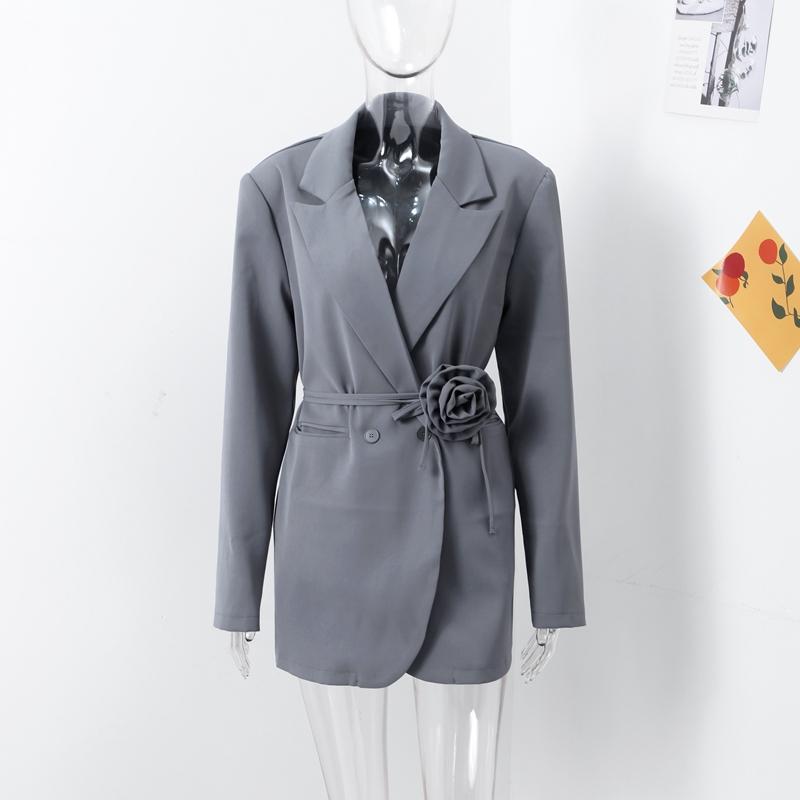 

Осенний пиджак с лацканами, длинными рукавами и поясом, подчеркивающим талию, с 3D-цветочным дизайном ремня, женская модная темпераментная повседневная верхняя одежда S серый