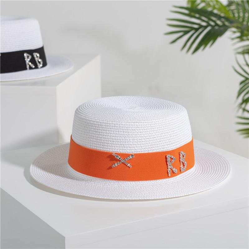 2022 new rhinestone RB letter flat top hat sunscreen black and white straw hat top hat holiday straw hat