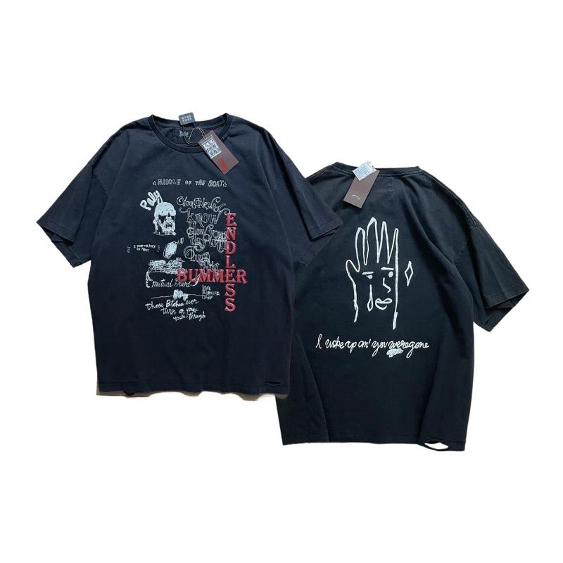 Black Oversized Men s T Shirt PALY Graffiti Print Washed Distressed Ripped Streetwear S