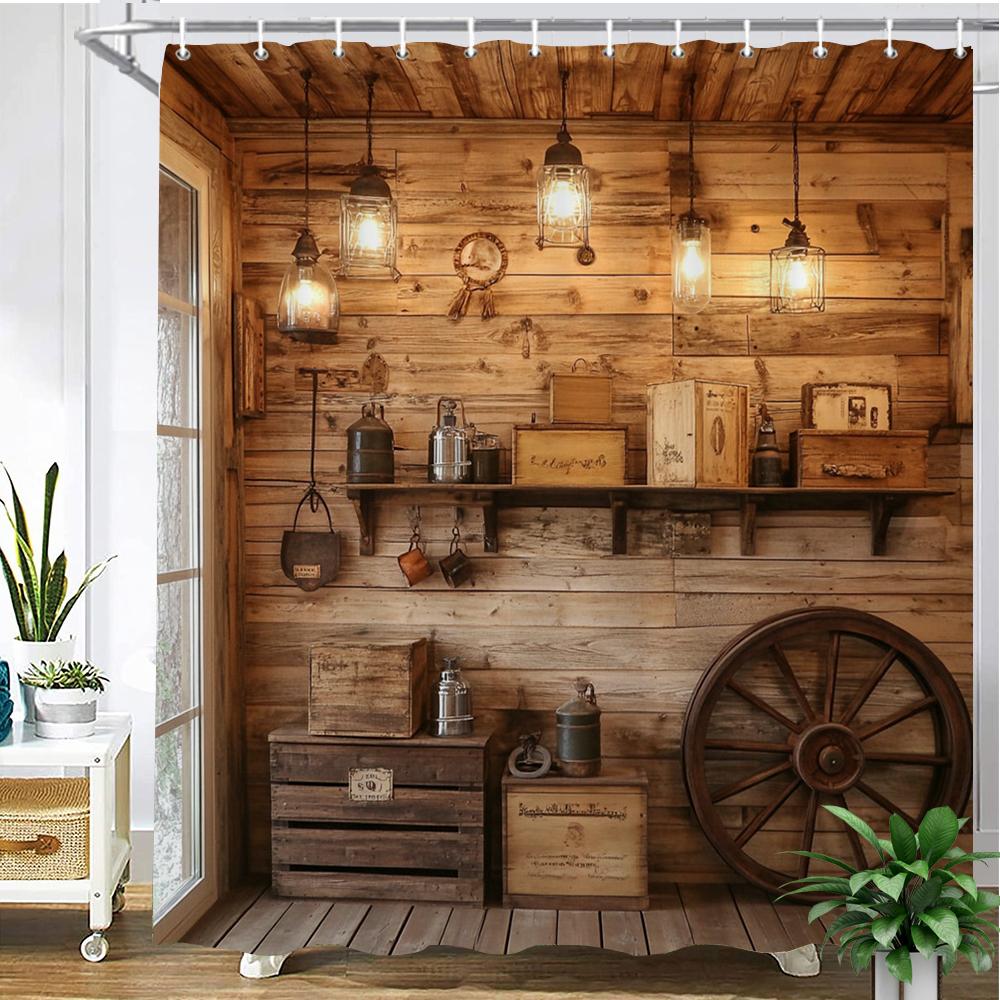 Country Retro Wooden House Printed Fabric Shower Curtain, Pastoral Wood Plant Pattern Bathroom Curtain Decoration, With Hooks