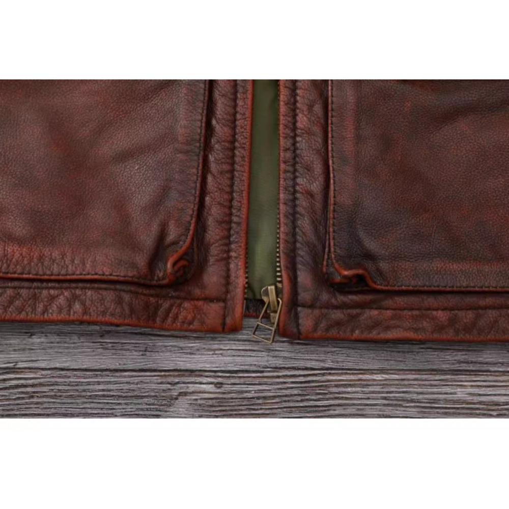 Chinese Size Vintage Red Brown Men Leather Jacket M65 Hunting Flight Jacket Genuine Cowhide Coat Autumn