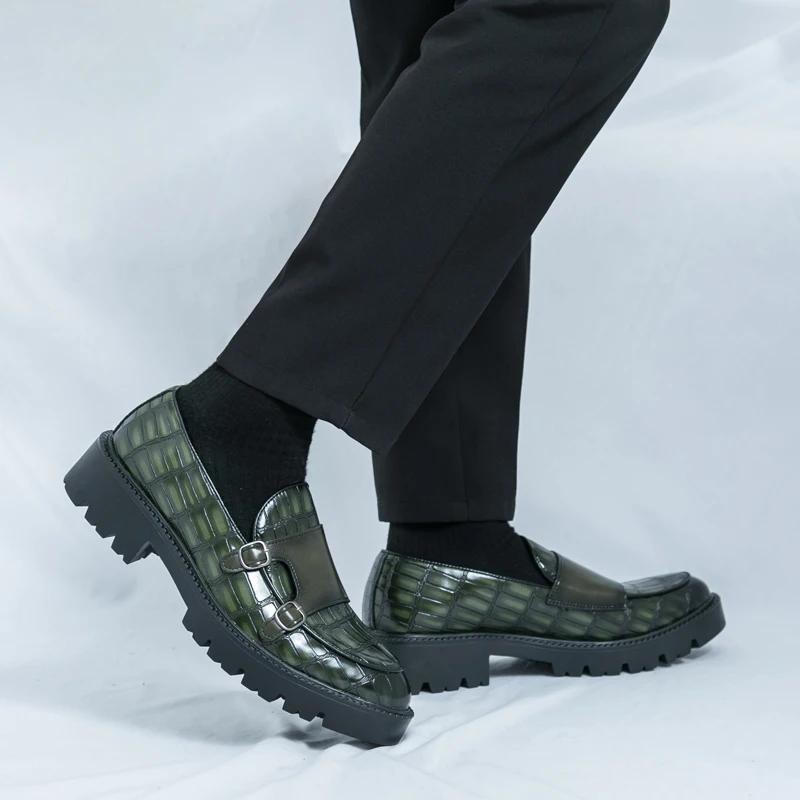 Fashion 2025 Street Fashion Men's Loafers Thick Sole Big Toe Shoes Trend Green Party Dress Shoes Men's Genuine Leather Casual Shoes Male